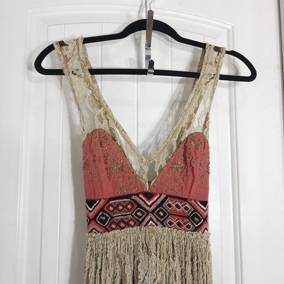 Free People Maxi Dress Blackened Crushed Gold Lace Embroidered Beaded RARE! - Picture 5 of 16
